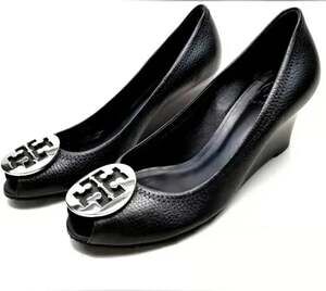 Tory Burch Sally 2 Wedge Pumps Size 6.5 Black Tumbled Leather